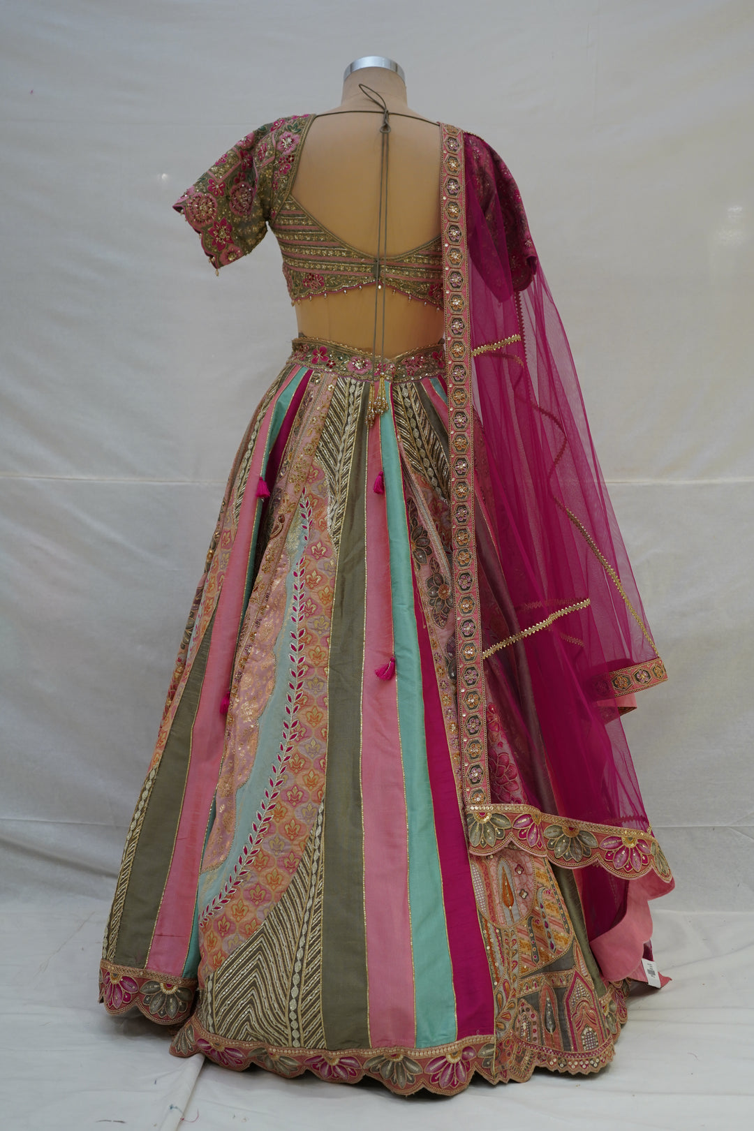 Multicolour Pastel Panelled Designer Lehenga Choli with Embroidered Blouse & Pink Net Dupatta