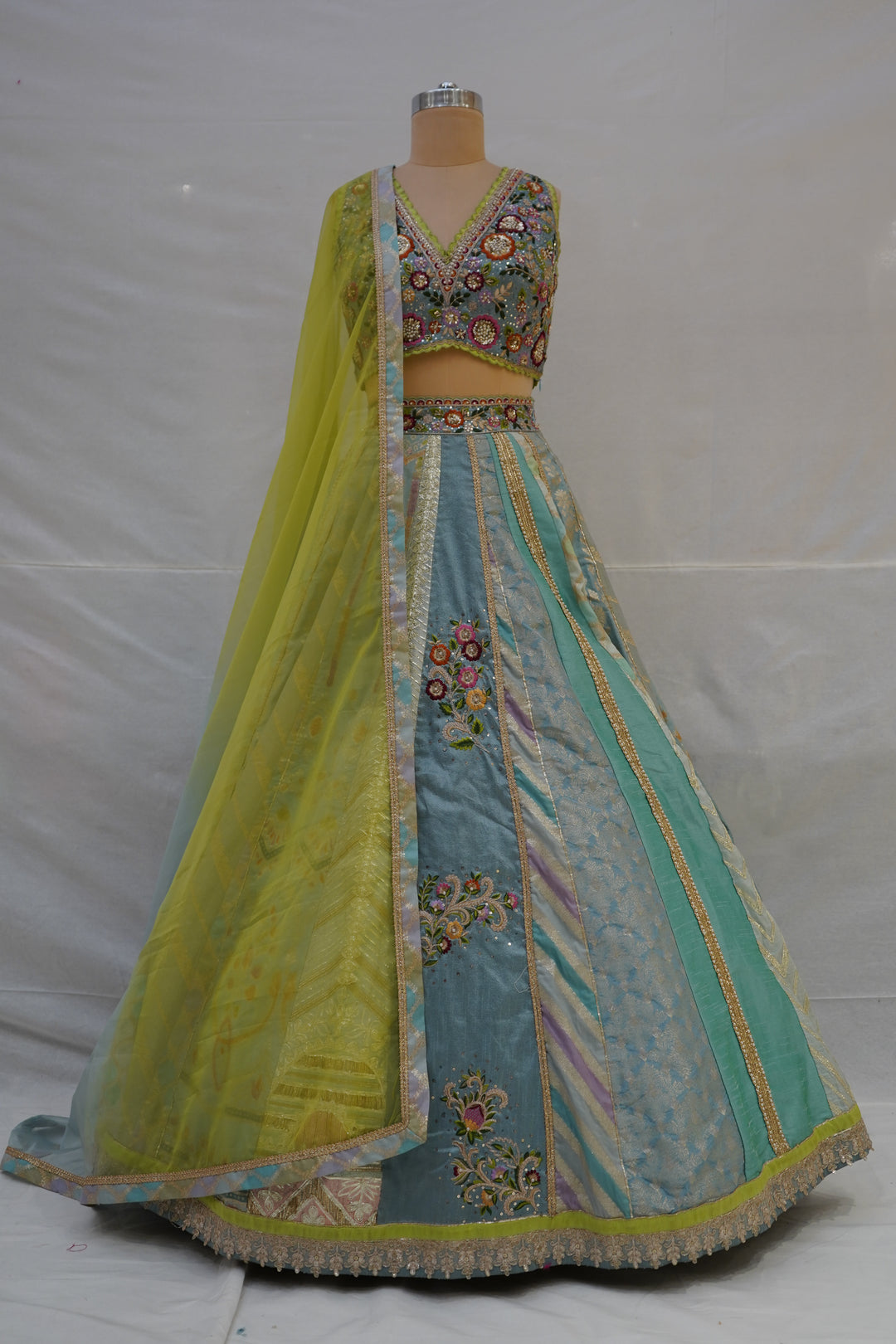 Pastel Blue & Lime Yellow Panelled Designer Lehenga Choli with Embroidered Blouse