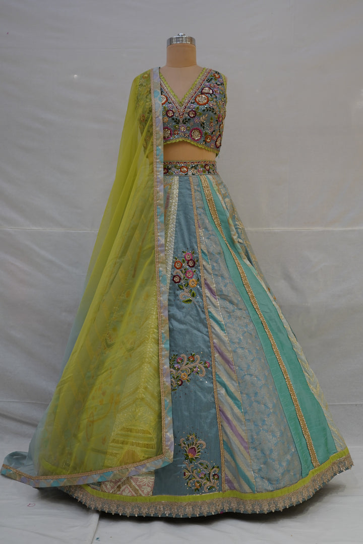 Pastel Blue & Lime Yellow Panelled Designer Lehenga Choli with Embroidered Blouse
