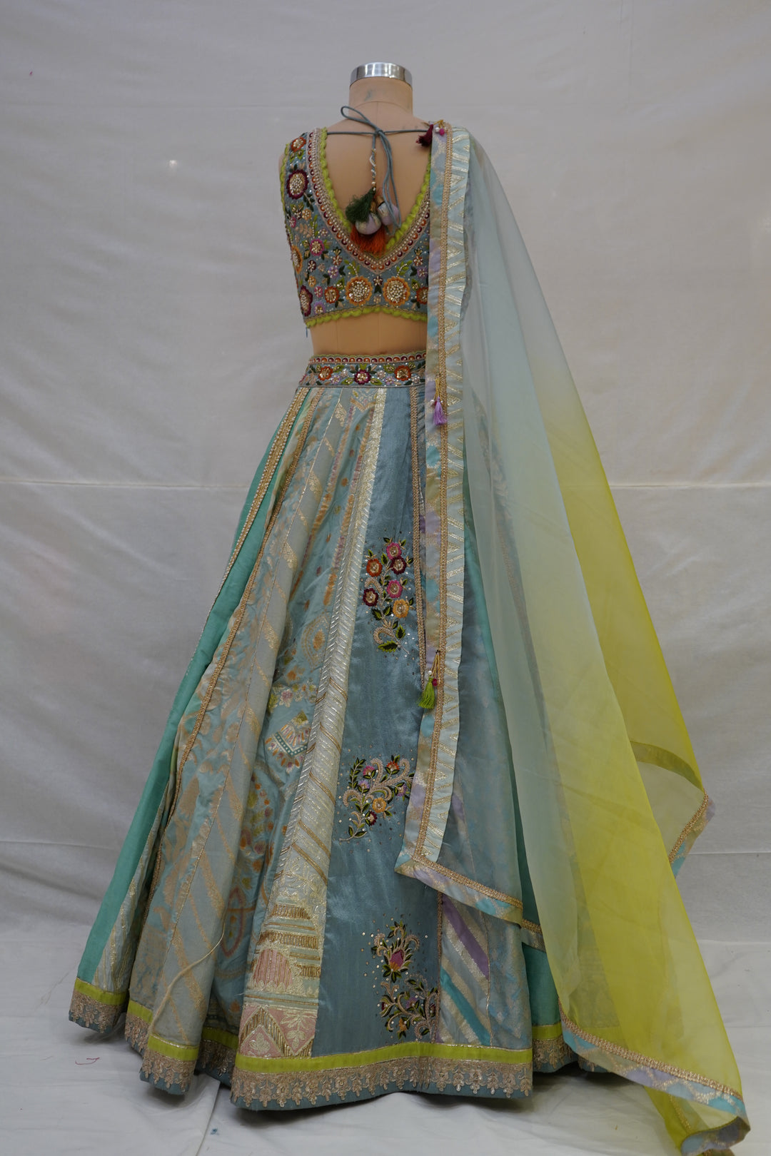 Pastel Blue & Lime Yellow Panelled Designer Lehenga Choli with Embroidered Blouse