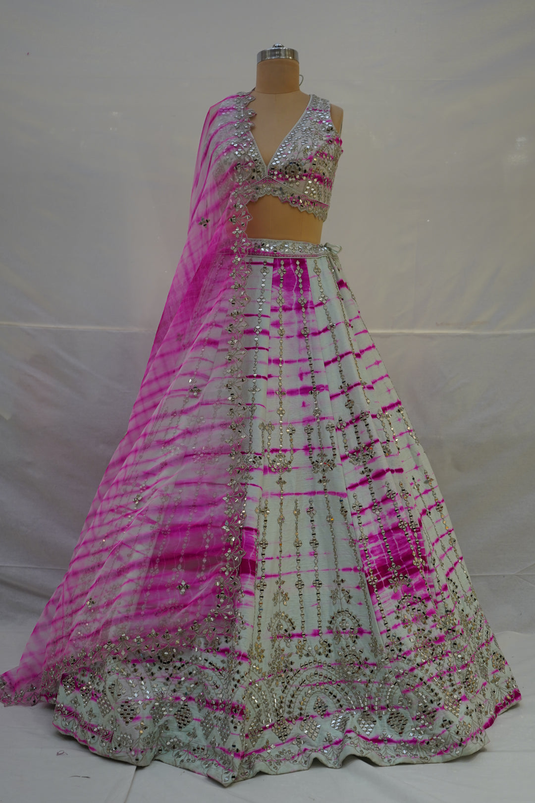 Pink Tie-Dye Designer Lehenga Choli with Mirror Work & Embroidered Dupatta