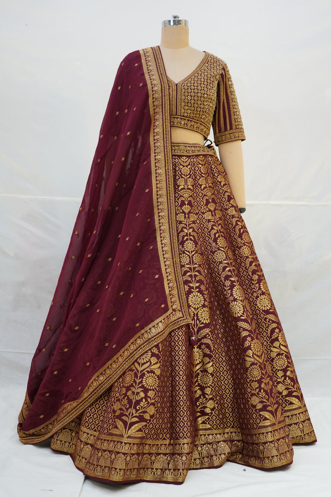 Maroon & Gold Banarasi Designer Lehenga Choli with Woven Dupatta