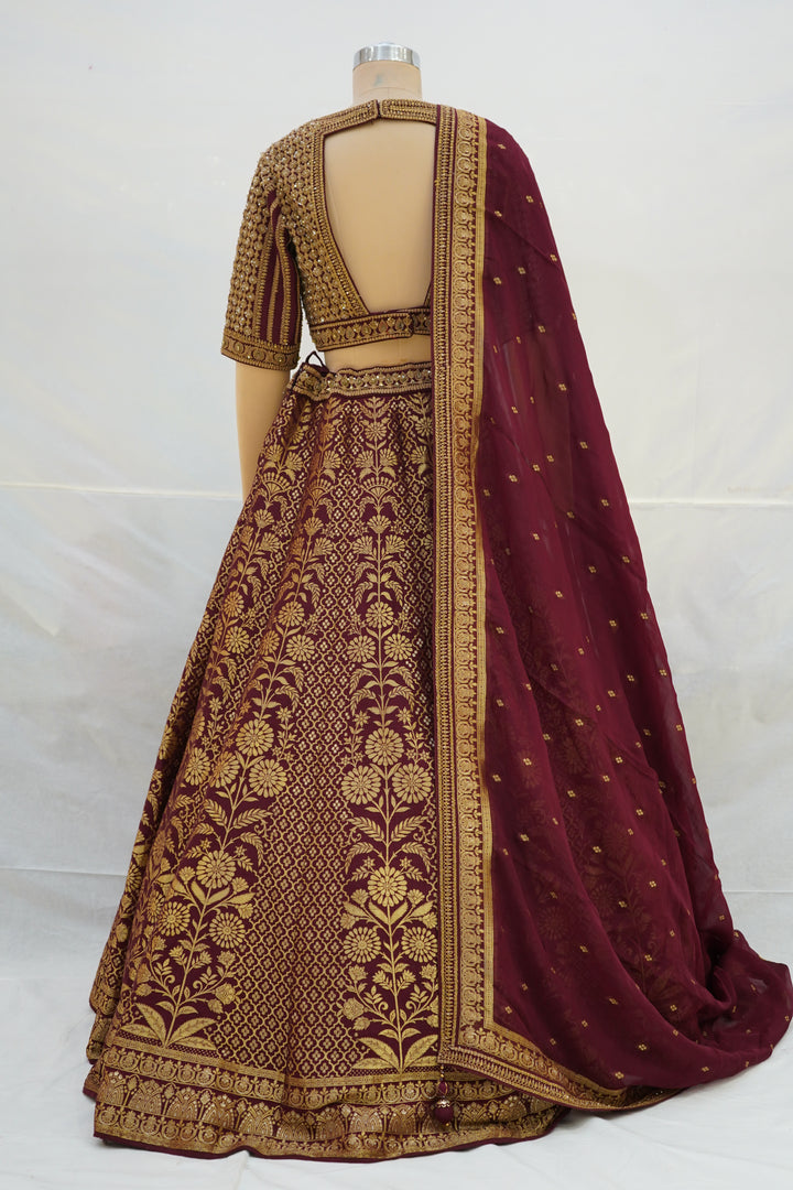 Maroon & Gold Banarasi Designer Lehenga Choli with Woven Dupatta