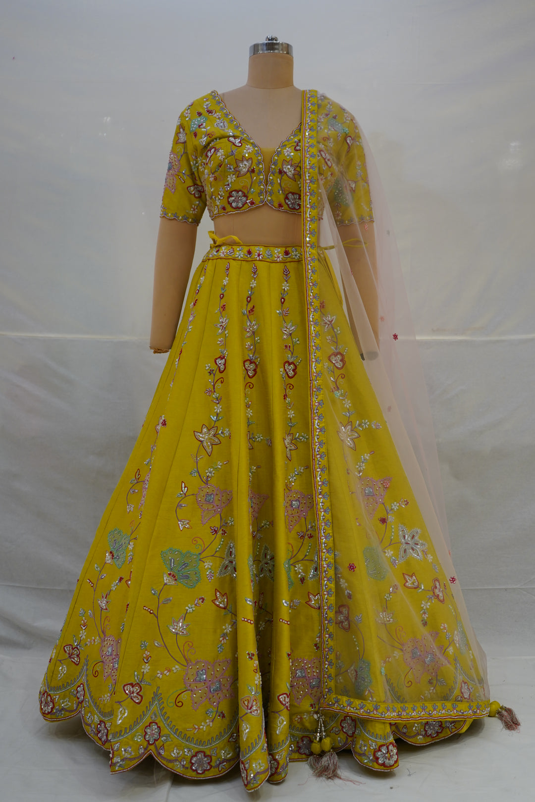 Mustard Yellow Floral Embroidered Designer Lehenga Choli with Net Dupatta