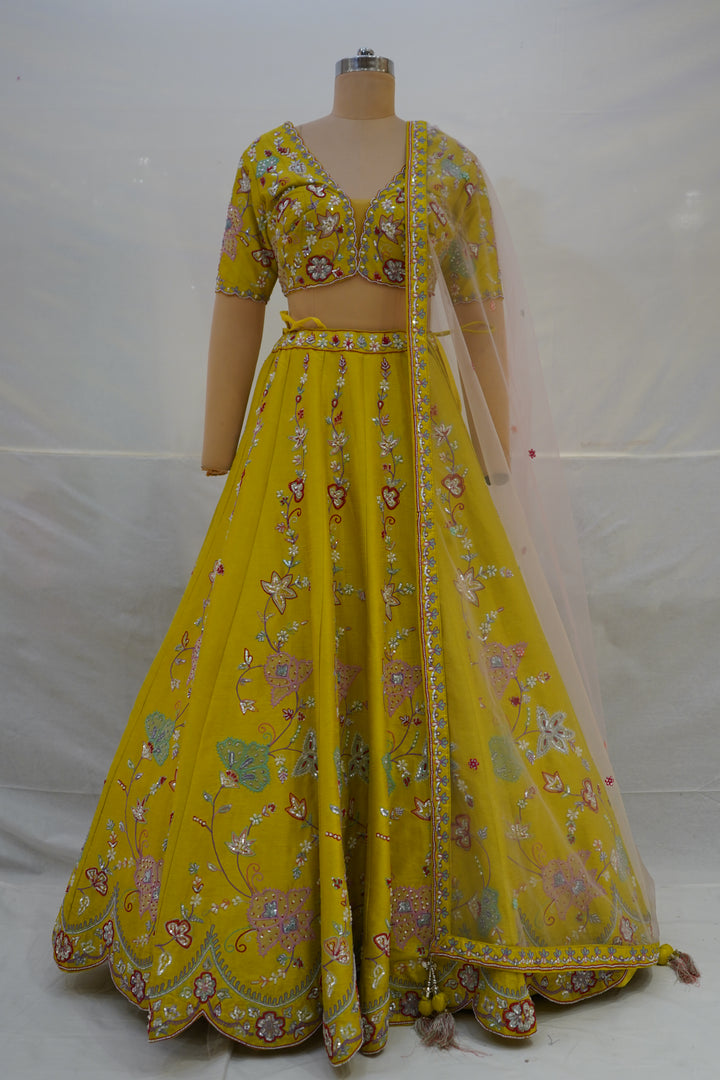 Mustard Yellow Floral Embroidered Designer Lehenga Choli with Net Dupatta