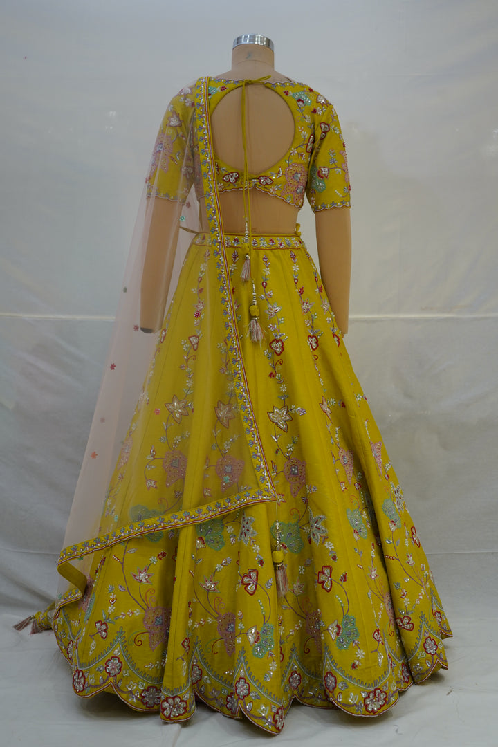 Mustard Yellow Floral Embroidered Designer Lehenga Choli with Net Dupatta