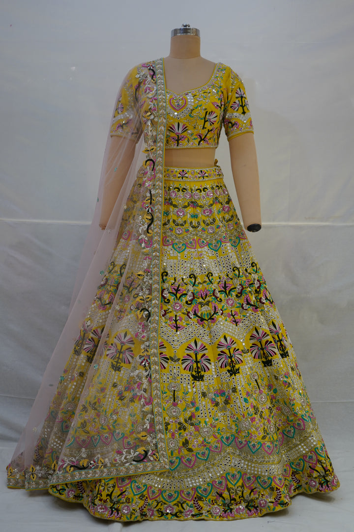 Yellow Multicolor Embroidered Designer Lehenga Choli with Net Dupatta