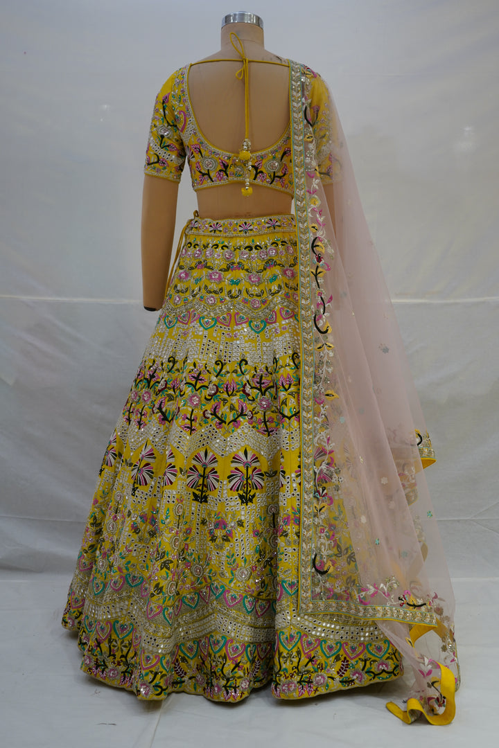 Yellow Multicolor Embroidered Designer Lehenga Choli with Net Dupatta