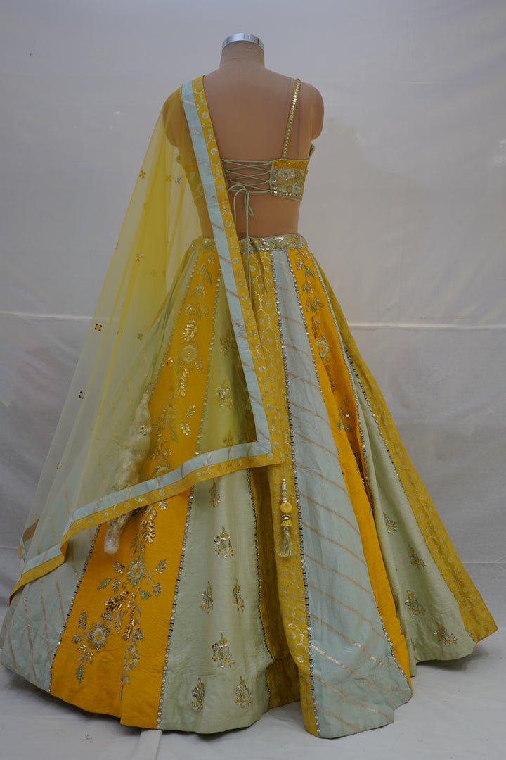 Mustard Yellow & Mint Green Designer Lehenga Choli with Embroidered Panels and Net Dupatta