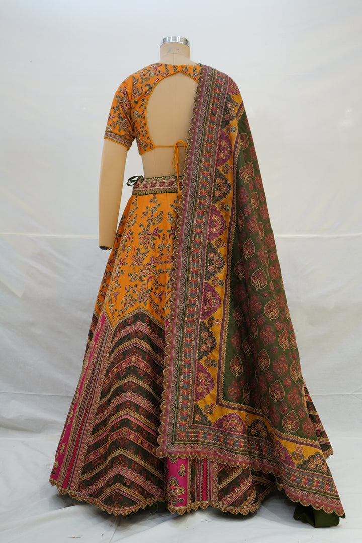 Rust Orange Printed Lehenga Choli with Traditional Border Dupatta