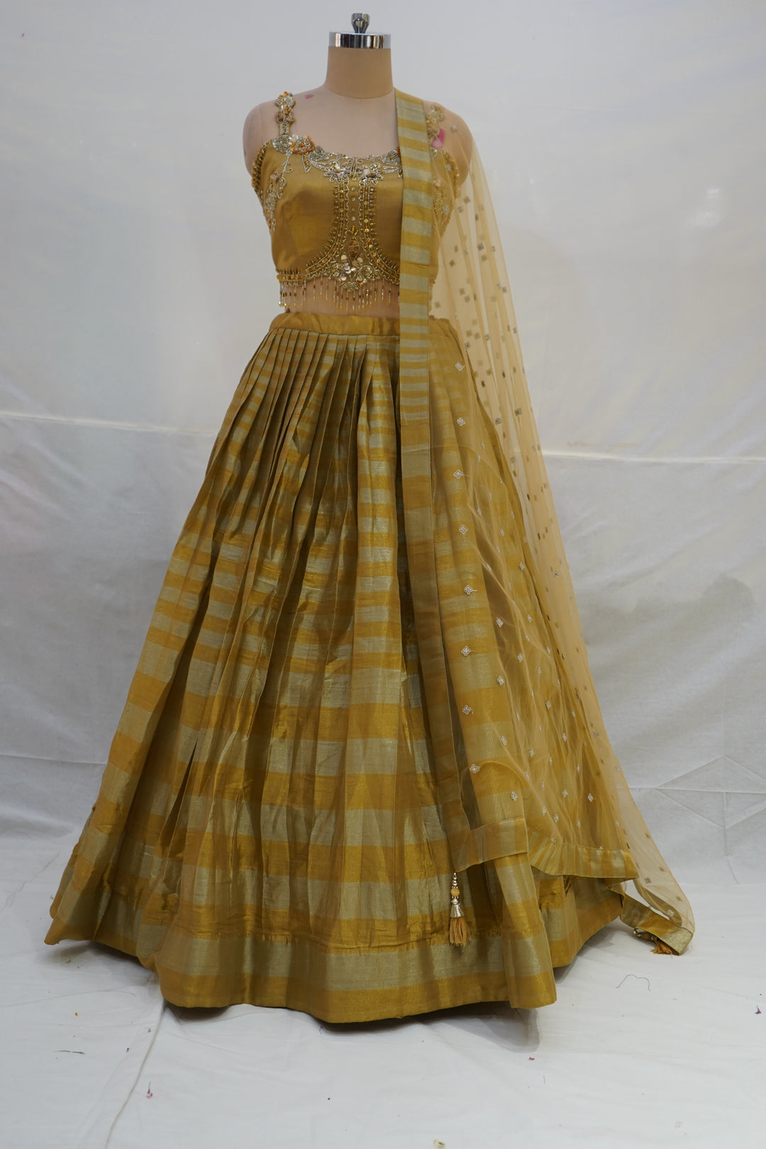 Antique Gold Silk Lehenga Choli with Embellished Blouse & Sheer Dupatta