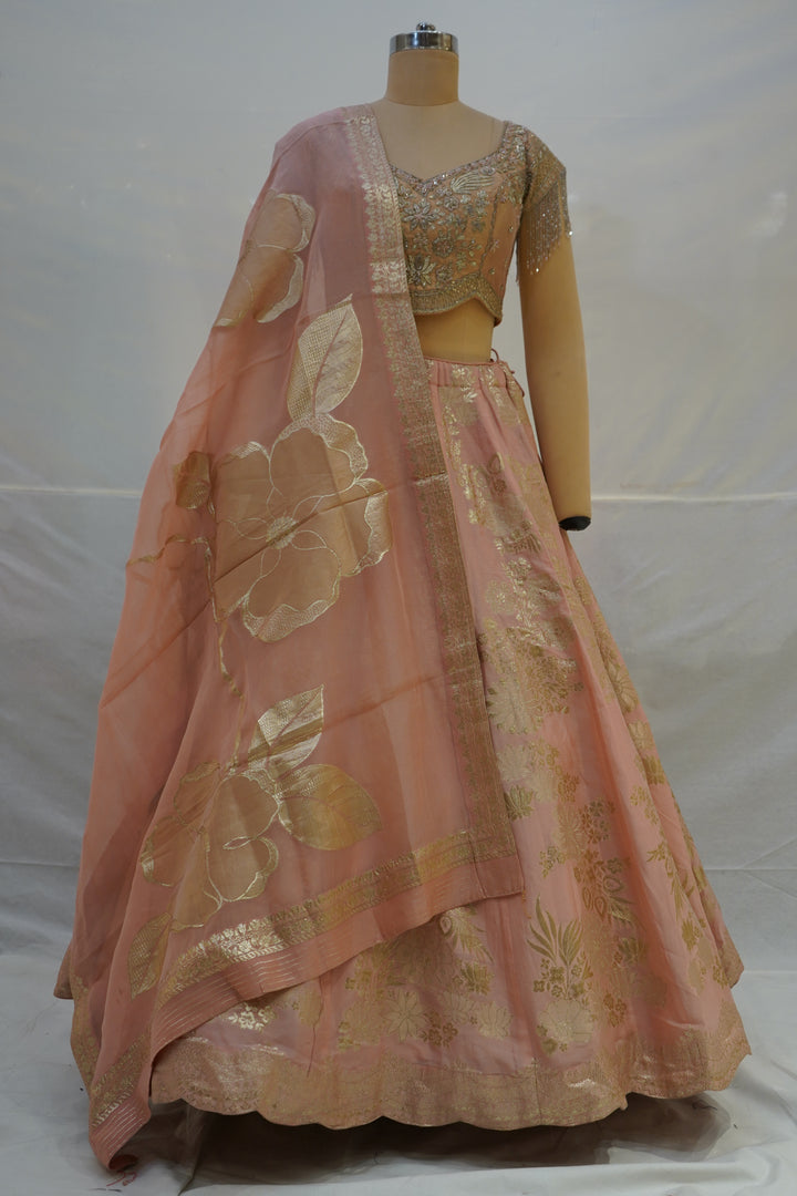 Blush Pink Silk Lehenga Choli with Gold Floral Weaving & Sheer Dupatta