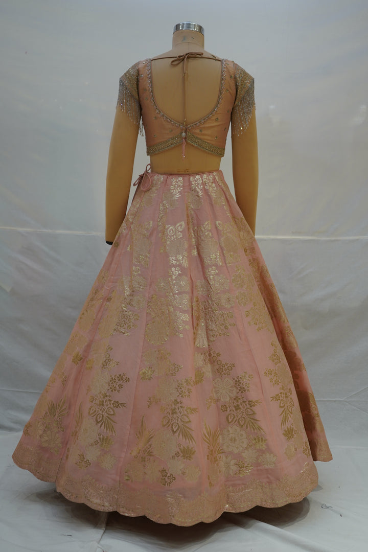 Blush Pink Silk Lehenga Choli with Gold Floral Weaving & Sheer Dupatta