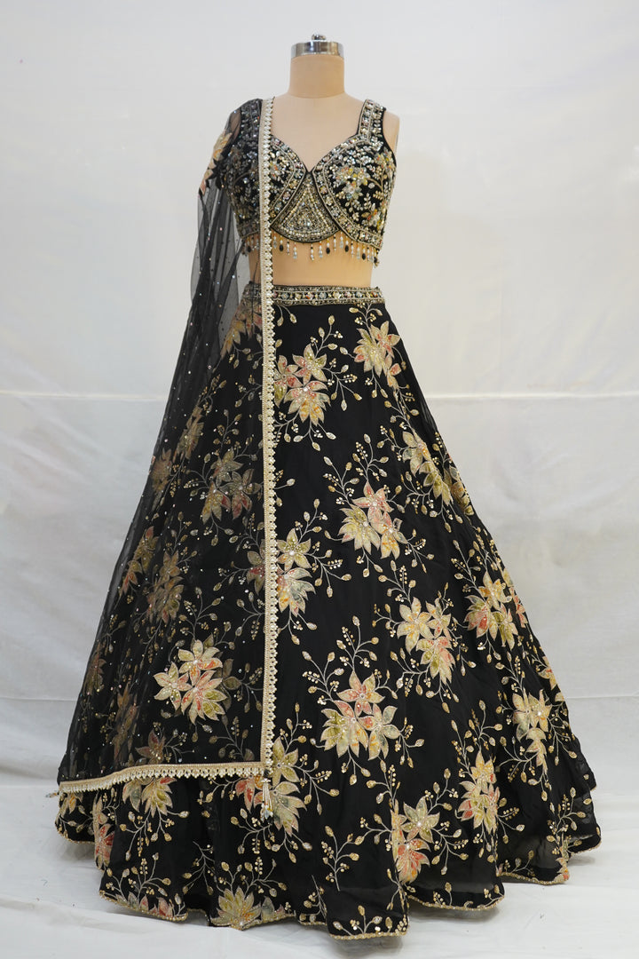 Black Floral Embroidered Lehenga Choli with Designer Blouse & Sheer Net Dupatta