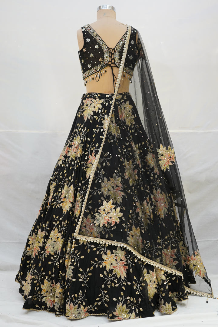 Black Floral Embroidered Lehenga Choli with Designer Blouse & Sheer Net Dupatta