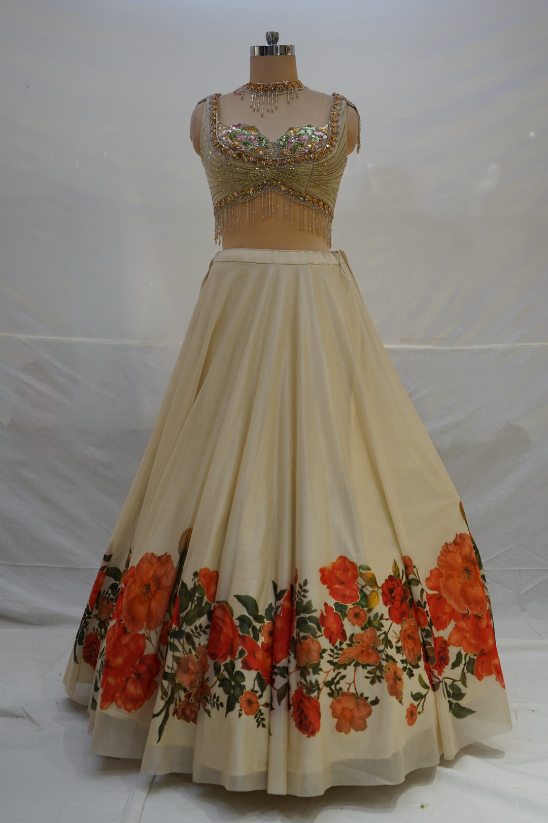 Ivory Floral Printed Lehenga Choli with Embellished Bustier Blouse