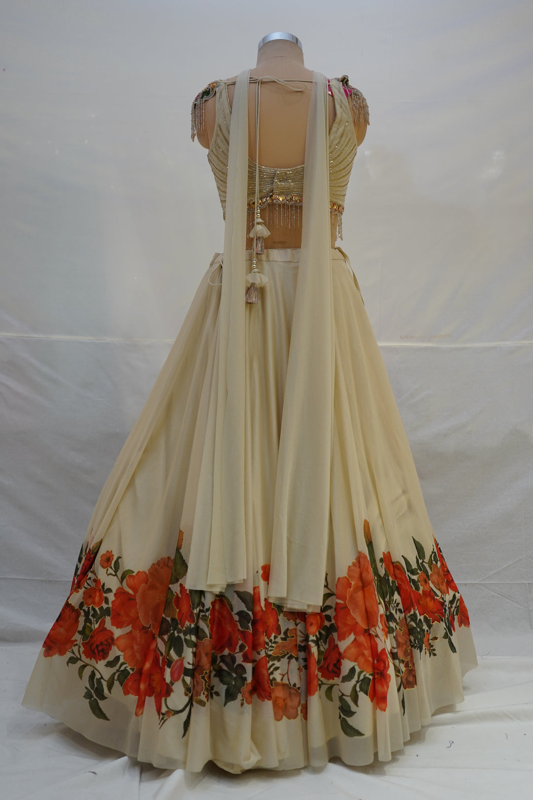 Ivory Floral Printed Lehenga Choli with Embellished Bustier Blouse