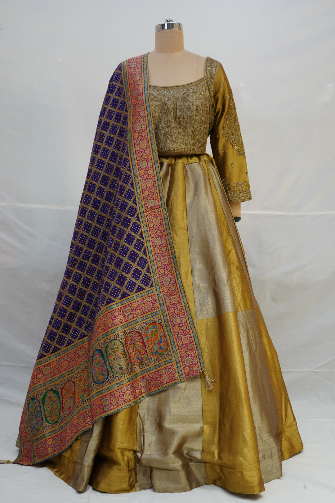 Mustard Gold Silk Lehenga Set with Embroidered Blouse & Banarasi Dupatta