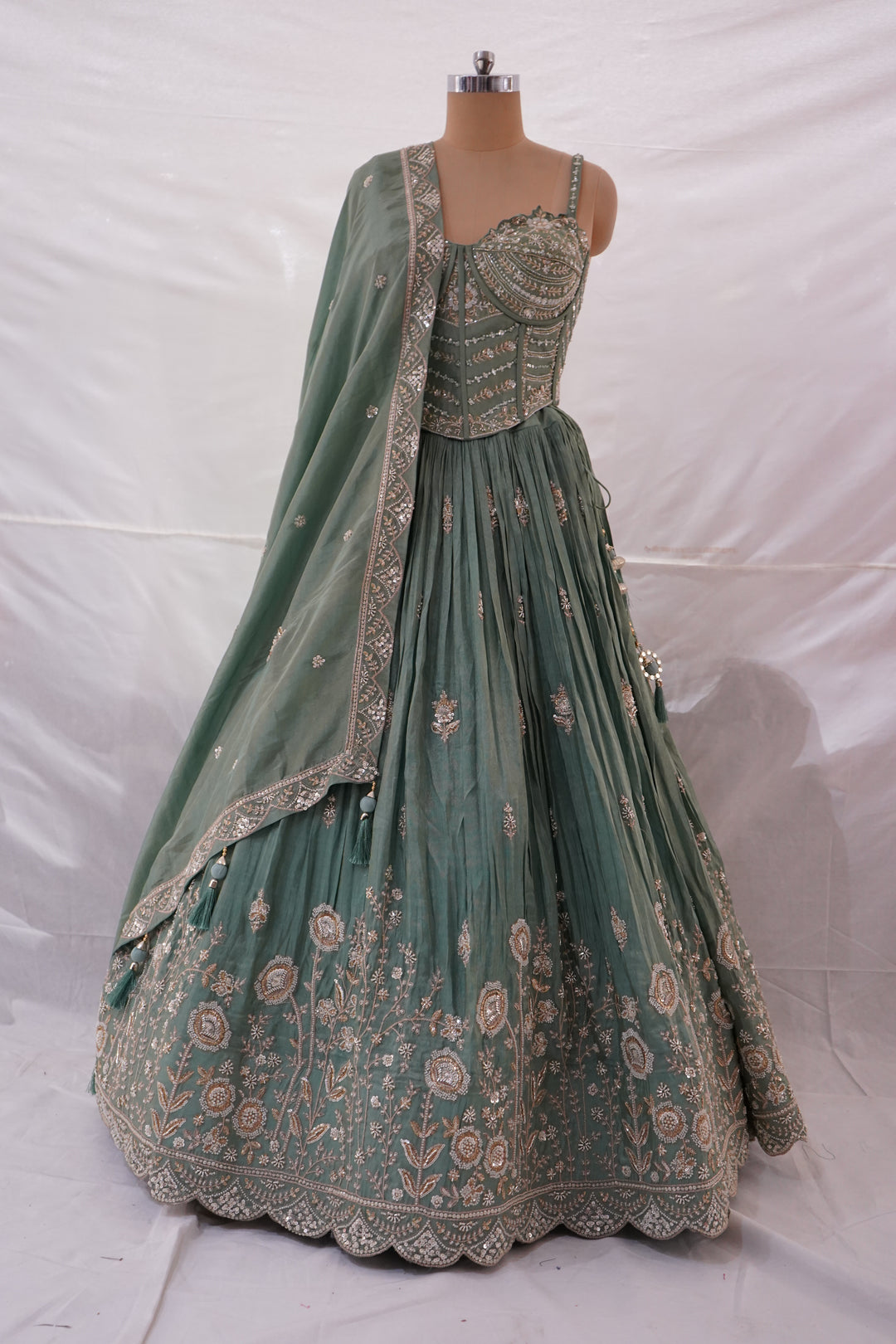 Sage Green Embroidered Lehenga Choli with Corset Blouse & Dupatta