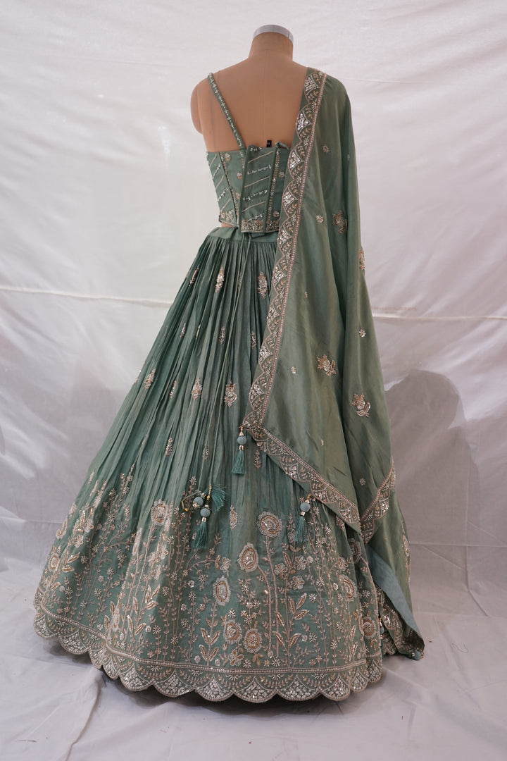 Sage Green Embroidered Lehenga Choli with Corset Blouse & Dupatta
