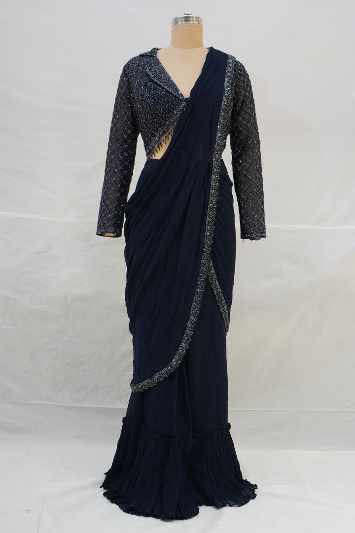 Navy Blue Ready-to-Wear Saree with Embellished Designer Blouse