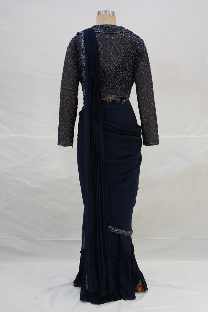 Navy Blue Ready-to-Wear Saree with Embellished Designer Blouse