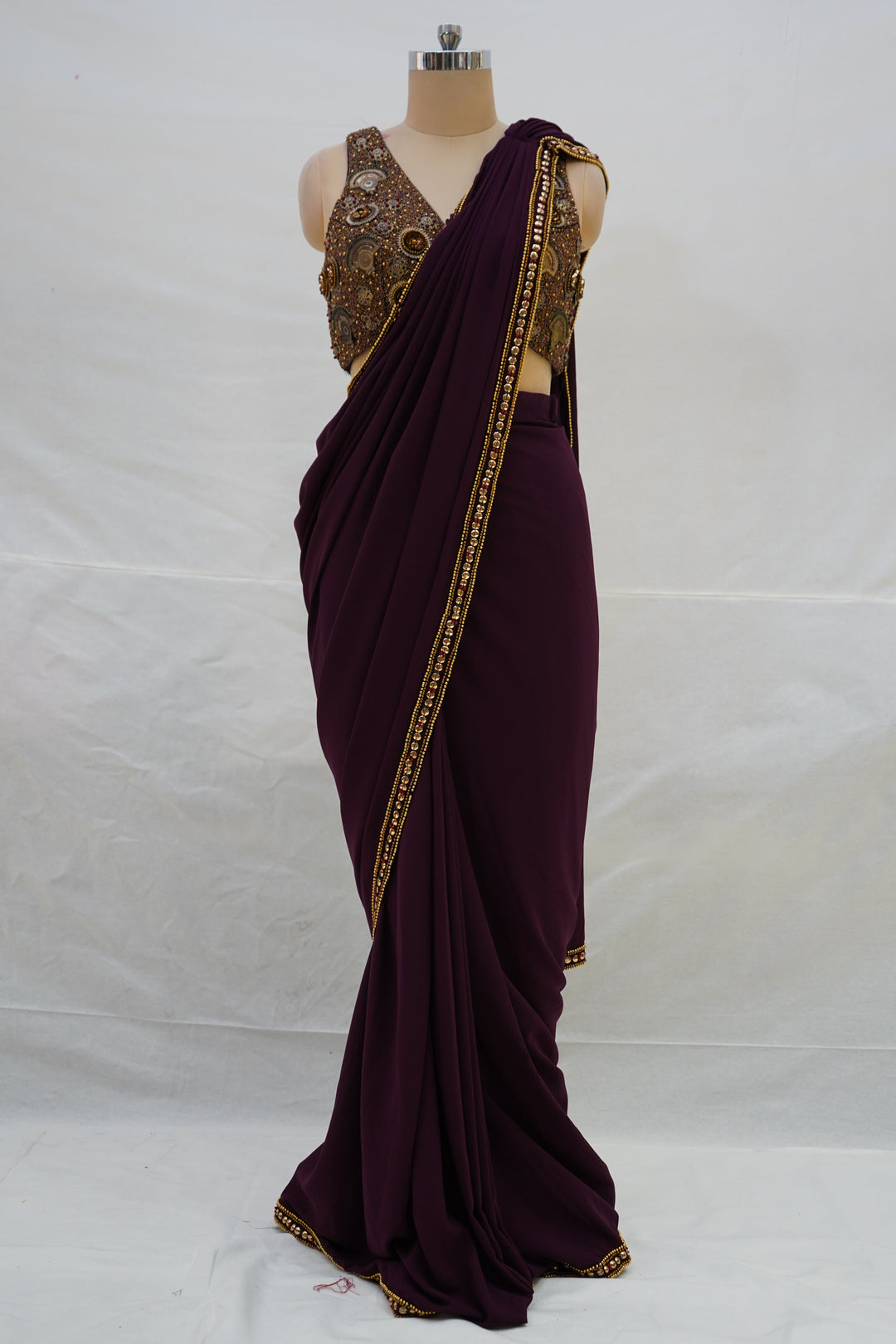 Wine Purple Ready-to-Wear Saree with Embellished Designer Blouse