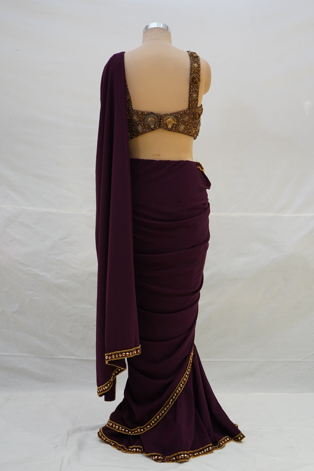 Wine Purple Ready-to-Wear Saree with Embellished Designer Blouse