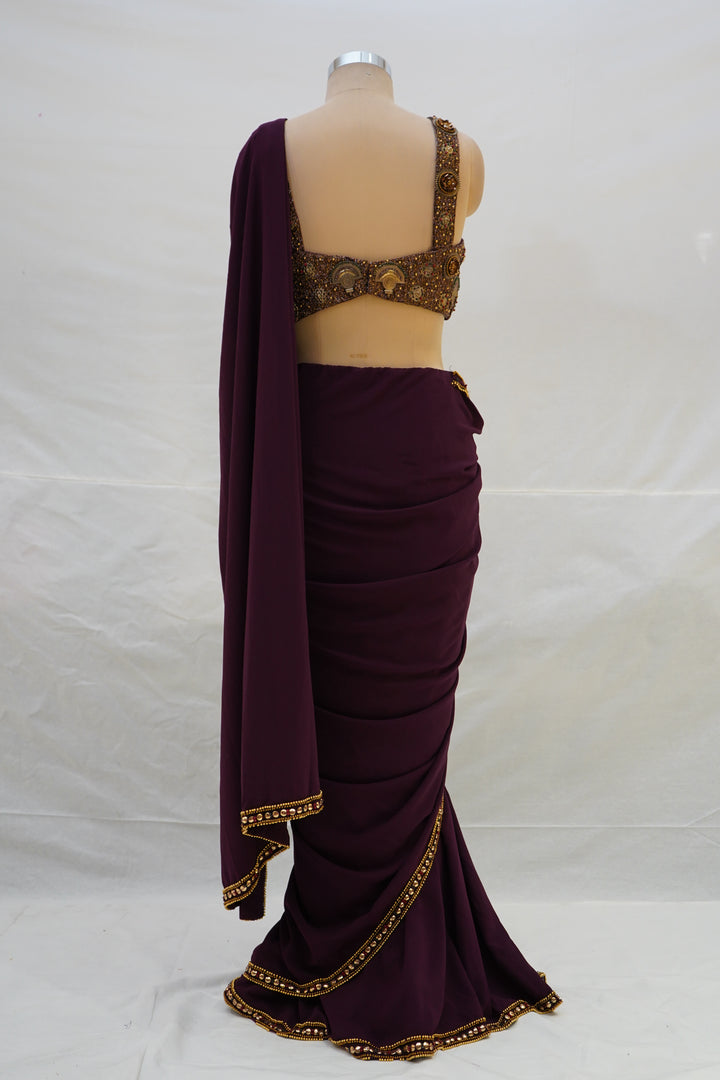 Wine Purple Ready-to-Wear Saree with Embellished Designer Blouse