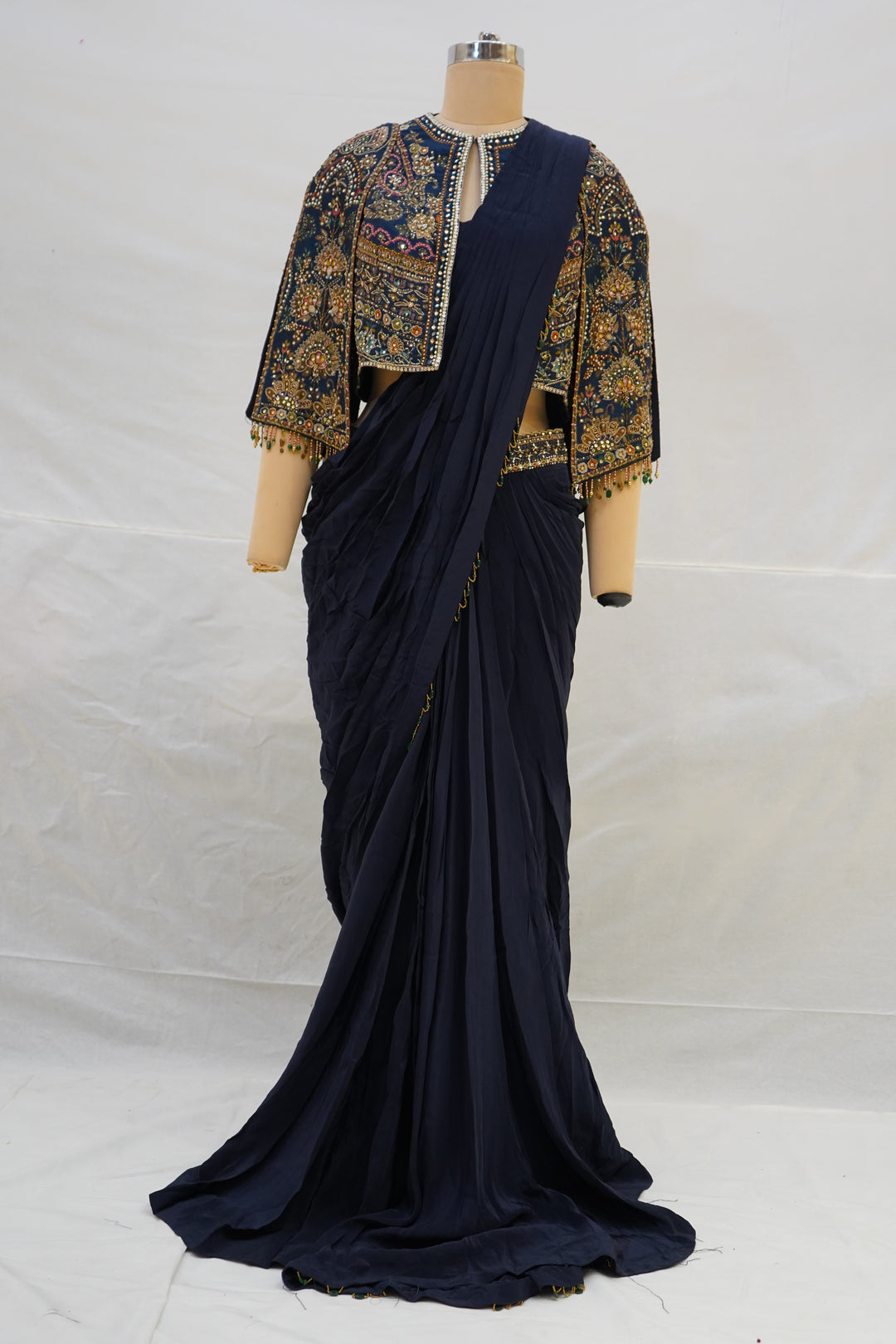 Navy Blue Ready-to-Wear Saree with Heavy Embroidered Jacket Blouse & Draped Pleats
