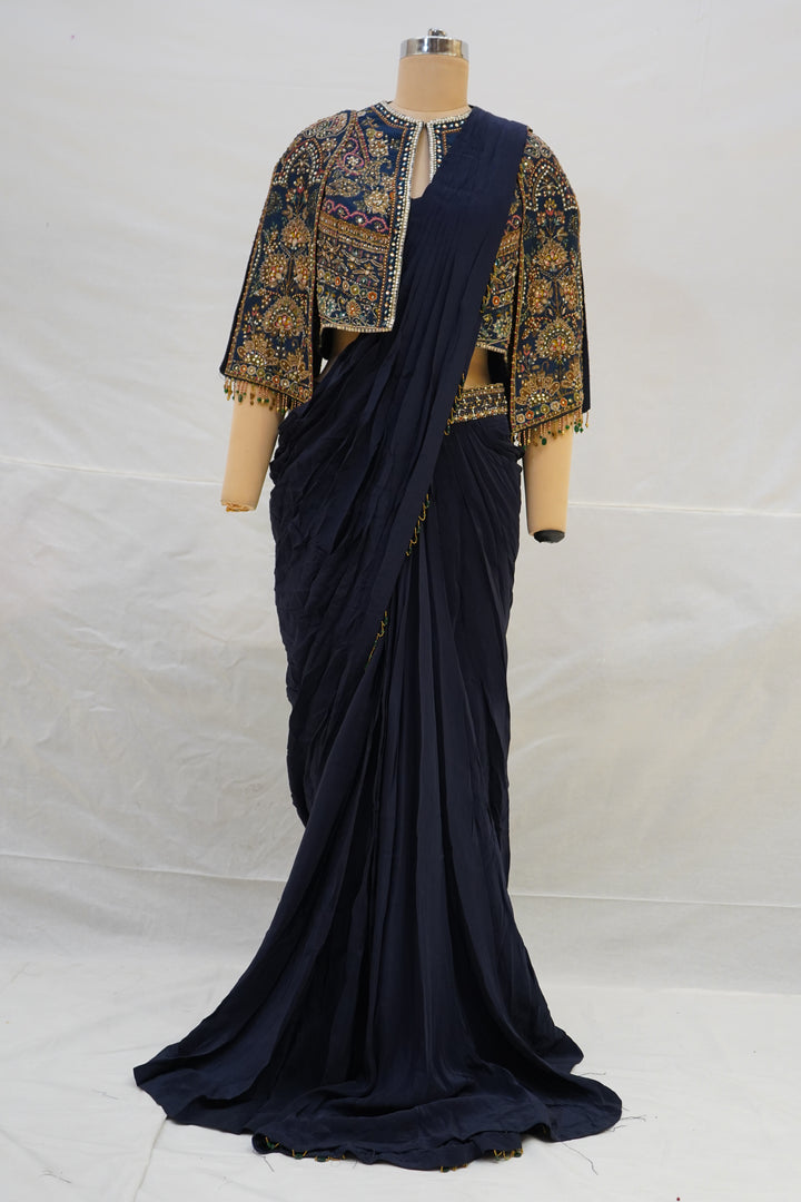 Navy Blue Ready-to-Wear Saree with Heavy Embroidered Jacket Blouse & Draped Pleats