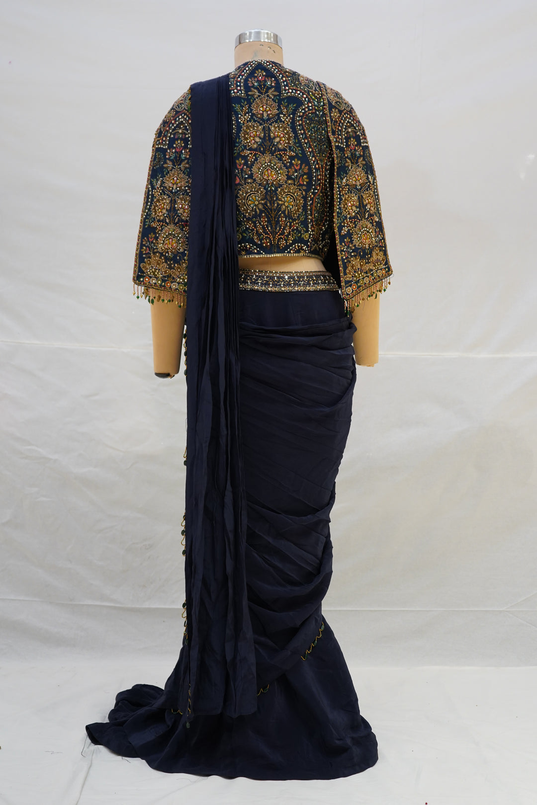 Navy Blue Ready-to-Wear Saree with Heavy Embroidered Jacket Blouse & Draped Pleats