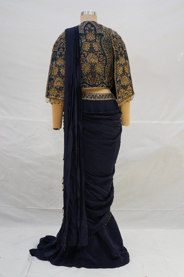 Navy Blue Ready-to-Wear Saree with Heavy Embroidered Jacket Blouse & Draped Pleats