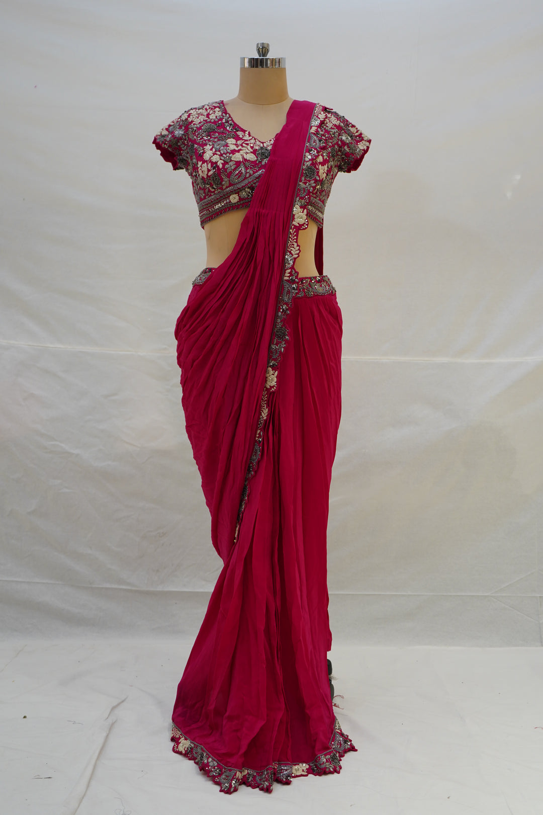 Rani Pink Ready-to-Wear Saree with Heavy Embroidered Blouse & Zari Border