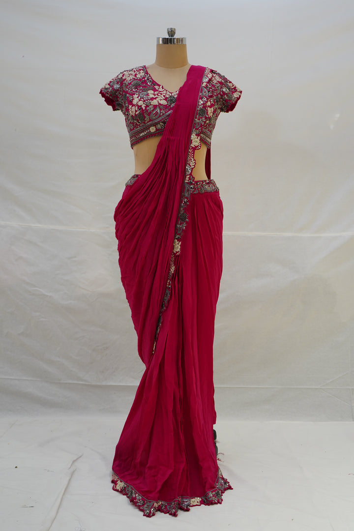 Rani Pink Ready-to-Wear Saree with Heavy Embroidered Blouse & Zari Border