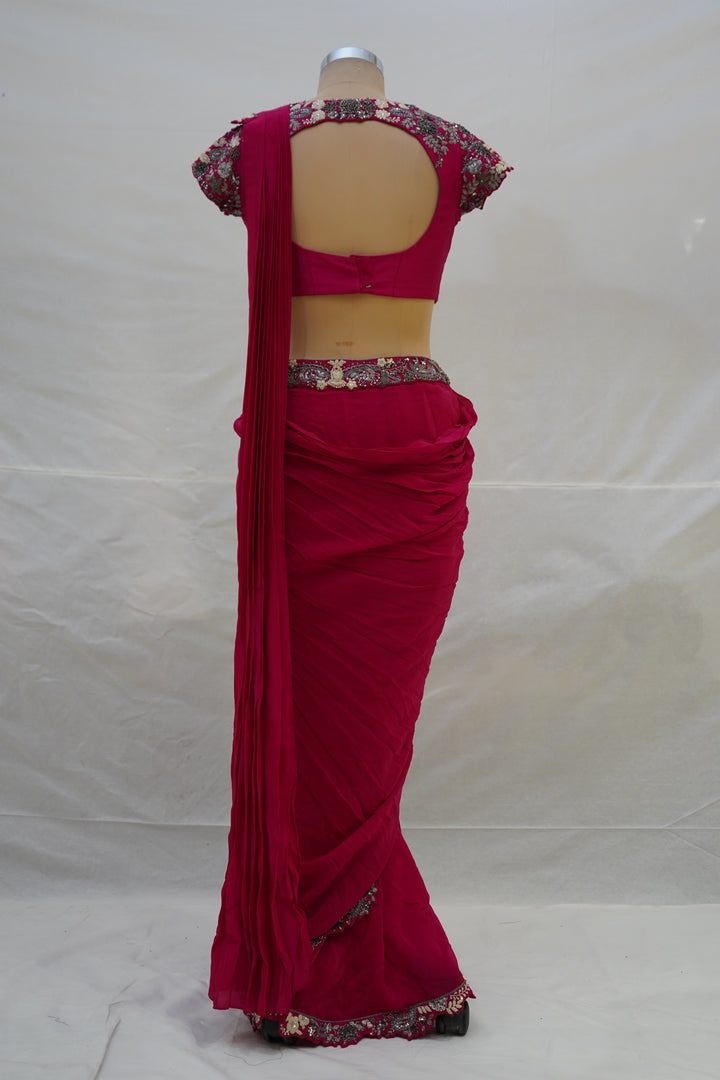 Rani Pink Ready-to-Wear Saree with Heavy Embroidered Blouse & Zari Border