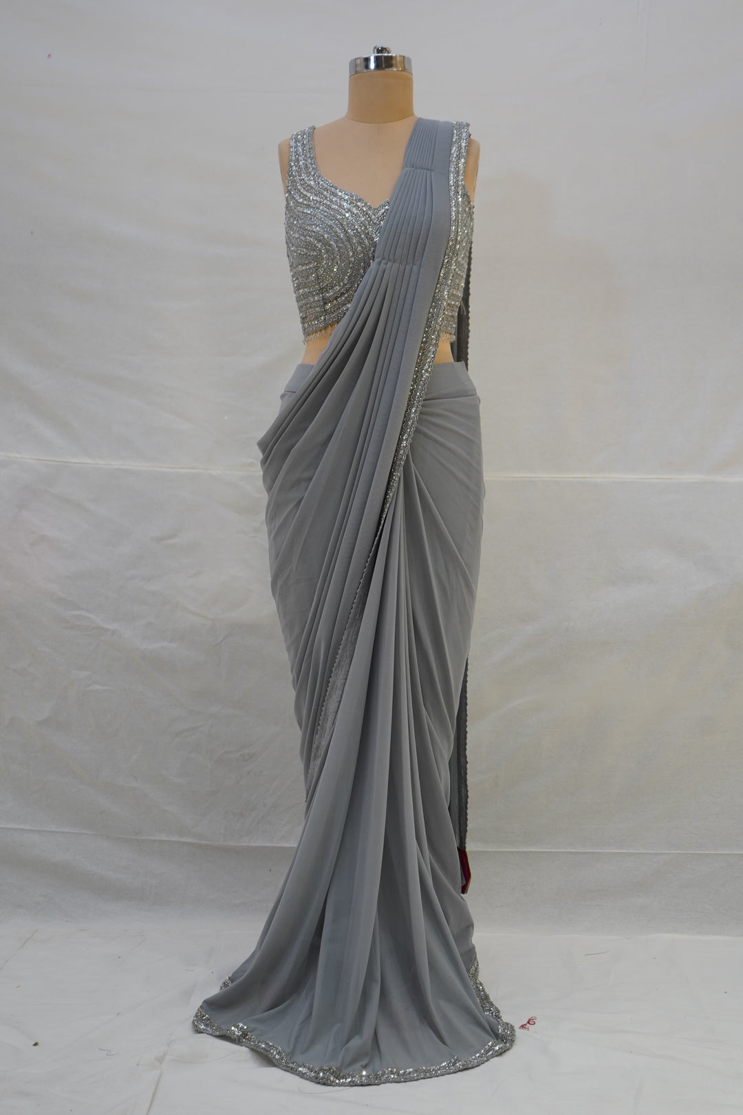 Steel Grey Ready-to-Wear Saree with Sequined Designer Blouse & Elegant Border