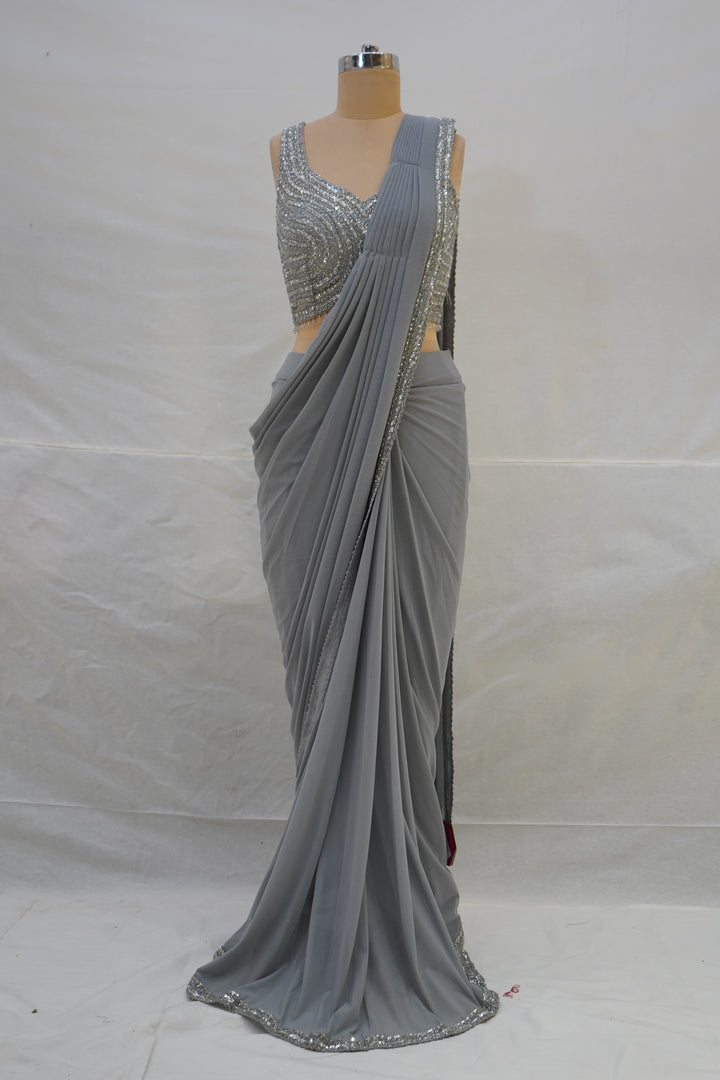 Steel Grey Ready-to-Wear Saree with Sequined Designer Blouse & Elegant Border