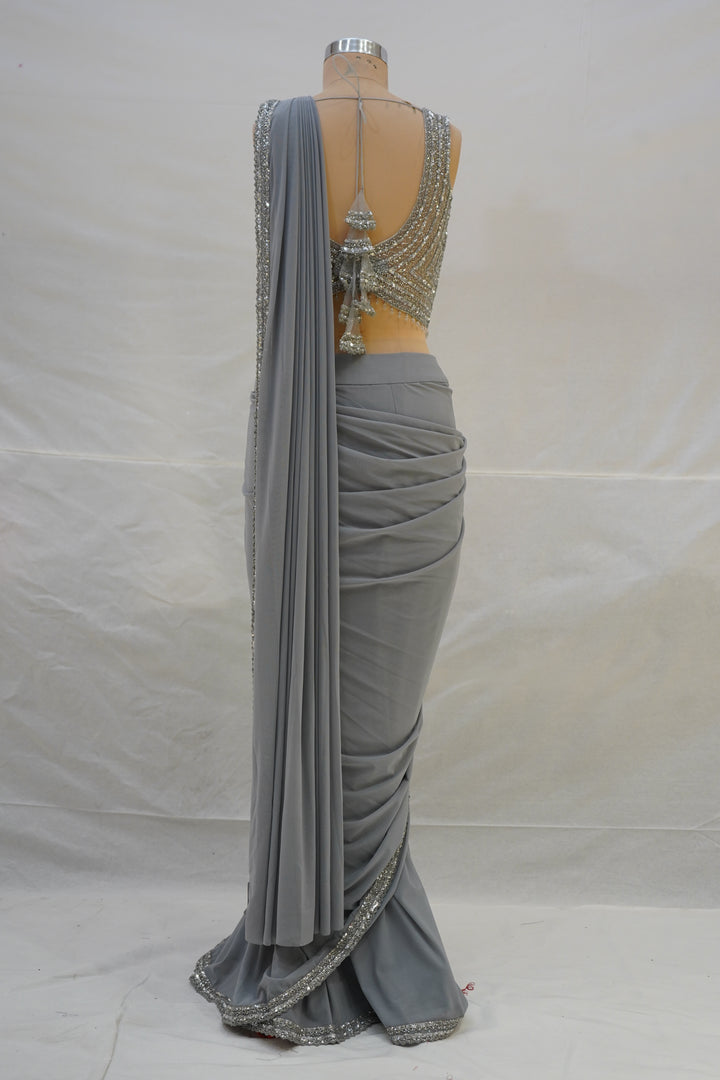 Steel Grey Ready-to-Wear Saree with Sequined Designer Blouse & Elegant Border