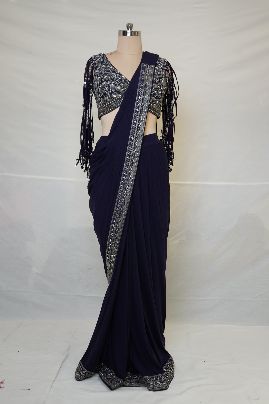 Midnight Purple Designer Saree with Embellished Fringe Blouse & Sequins Border