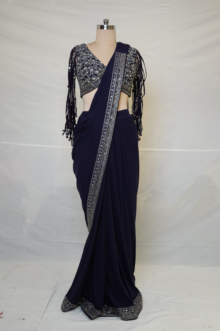 Midnight Purple Designer Saree with Embellished Fringe Blouse & Sequins Border