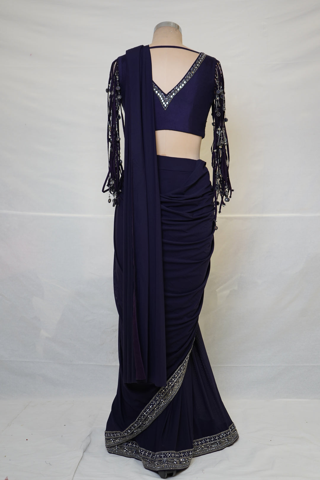 Midnight Purple Designer Saree with Embellished Fringe Blouse & Sequins Border