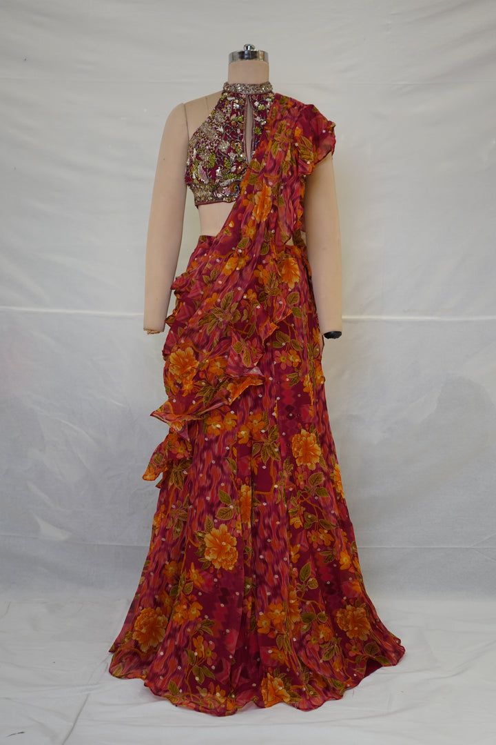 Rani Pink Floral Ready-to-Wear Saree with Ruffle Draping & Embroidered Halter Blouse
