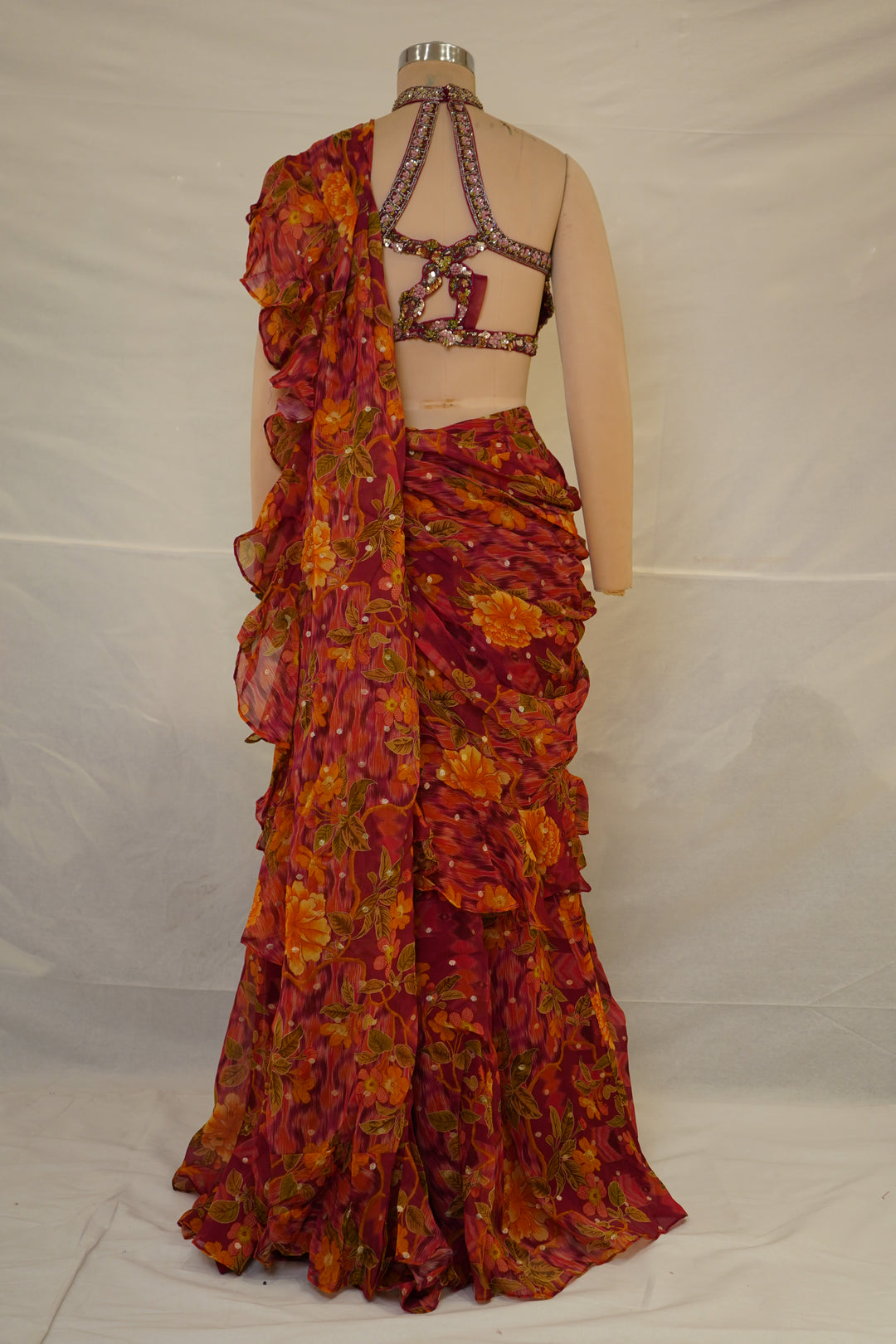 Rani Pink Floral Ready-to-Wear Saree with Ruffle Draping & Embroidered Halter Blouse
