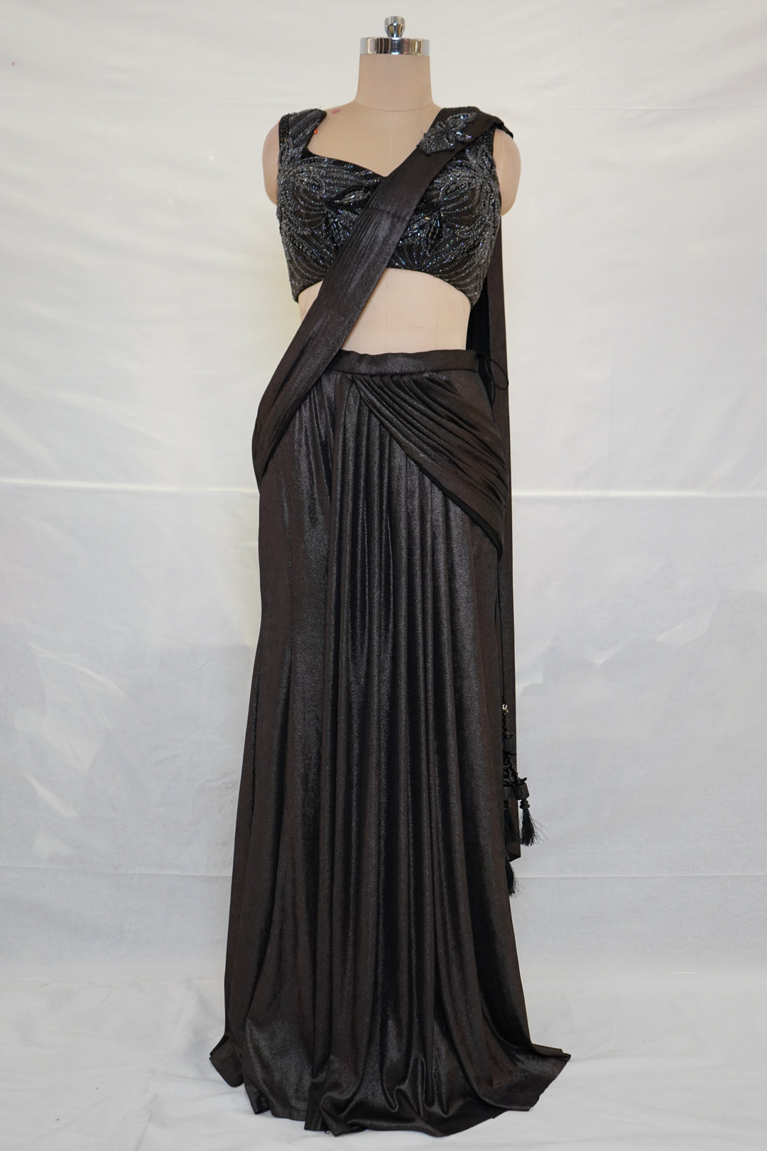 Midnight Black Ready-to-Wear Saree with Embellished Designer Blouse & Draped Pleats