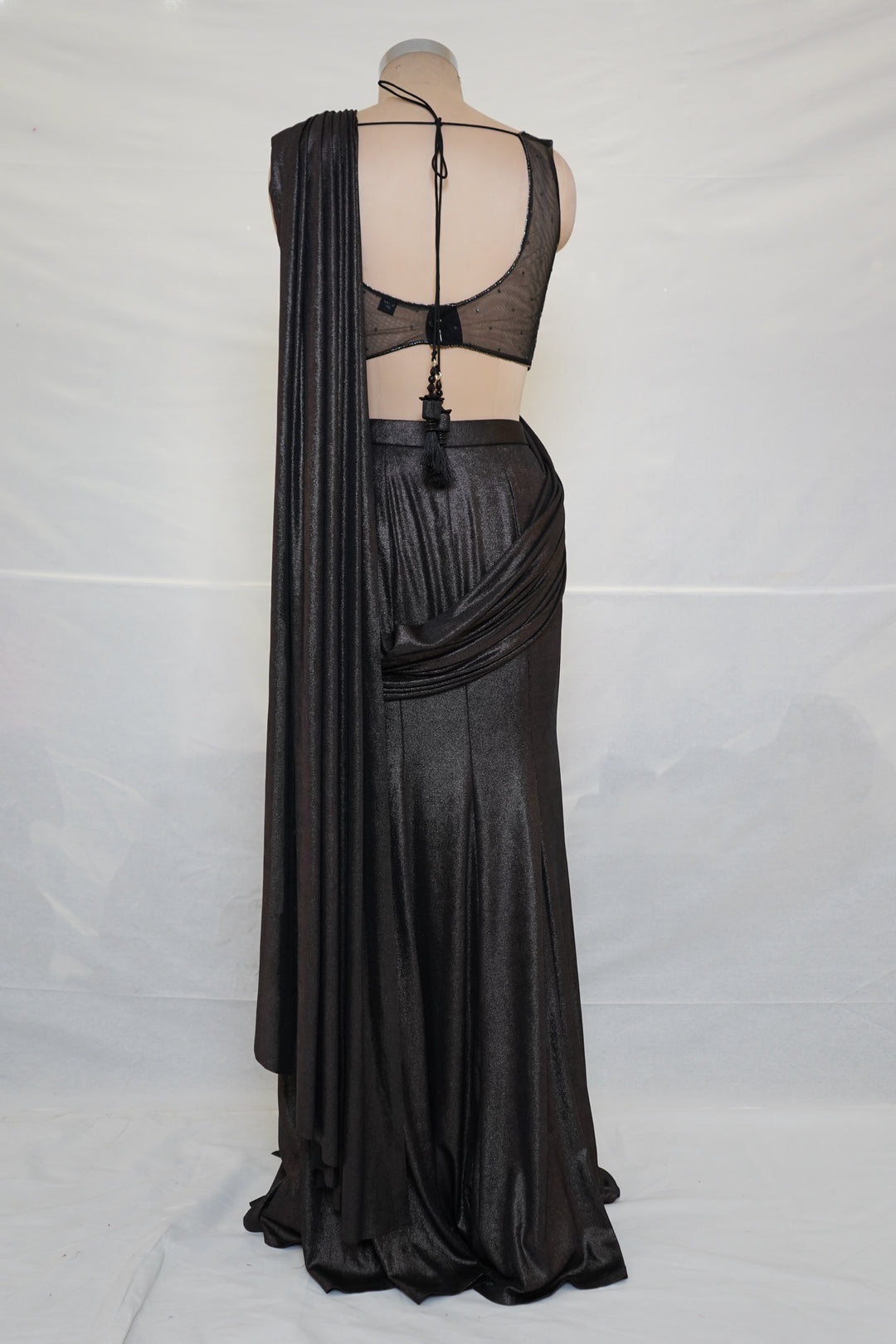 Midnight Black Ready-to-Wear Saree with Embellished Designer Blouse & Draped Pleats