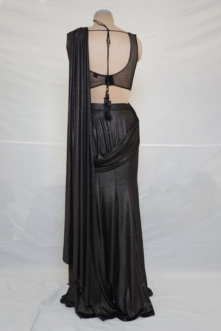Midnight Black Ready-to-Wear Saree with Embellished Designer Blouse & Draped Pleats