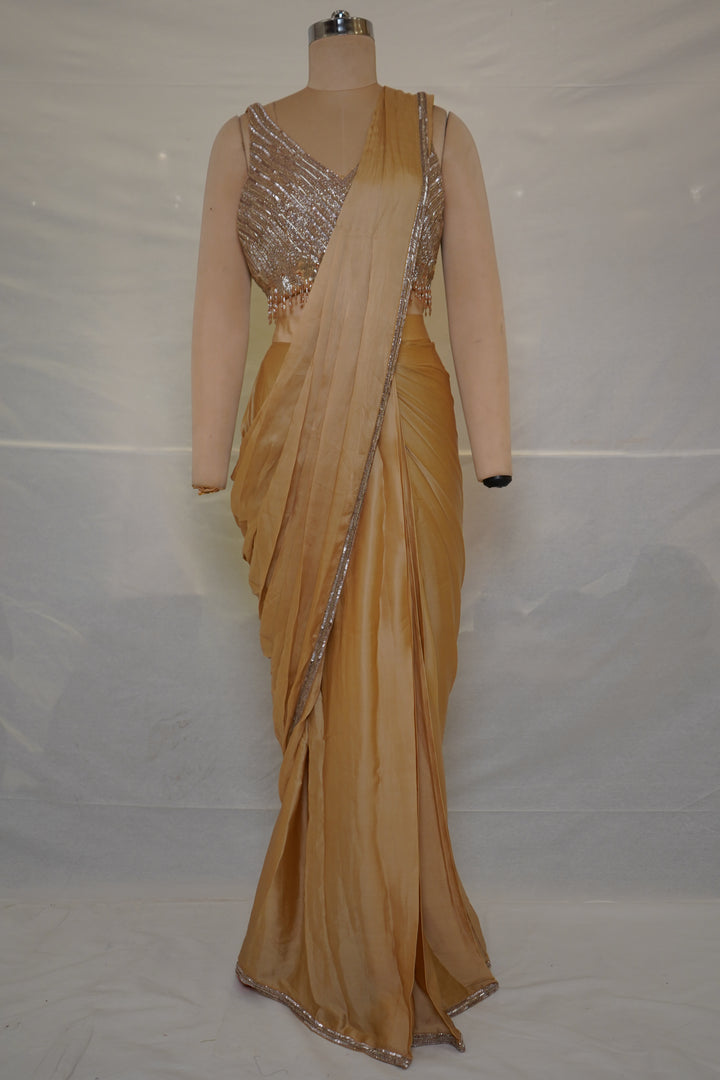 Champagne Gold Ready-to-Wear Saree with Sequined Designer Blouse & Elegant Border
