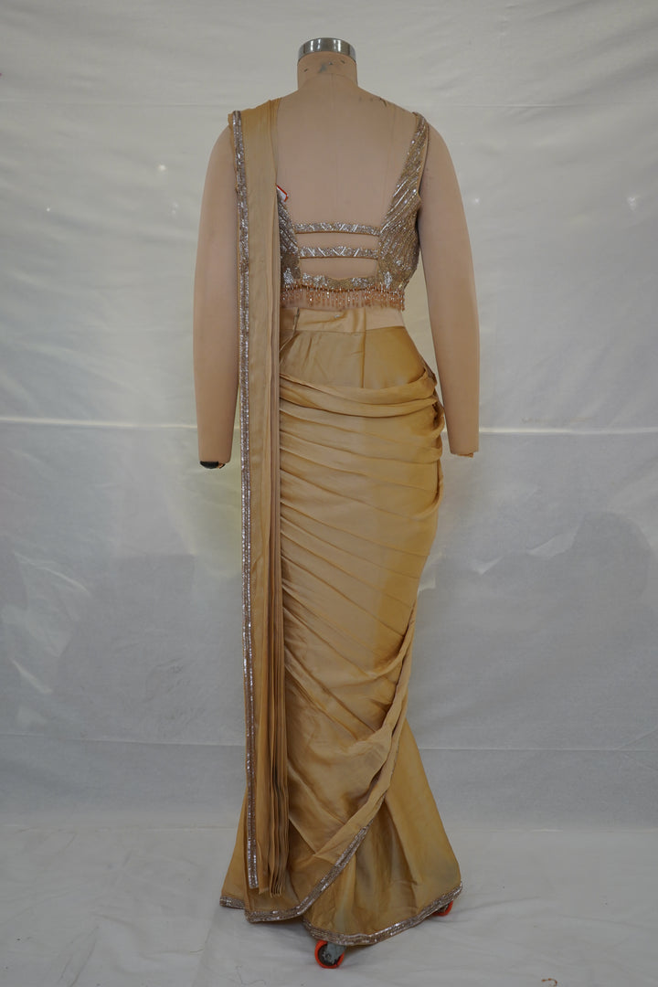 Champagne Gold Ready-to-Wear Saree with Sequined Designer Blouse & Elegant Border