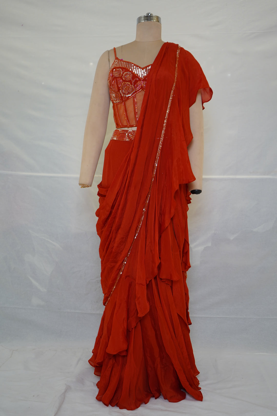 Red Ready-to-Wear Ruffle Saree with Embroidered Corset Blouse & Sheer Pallu